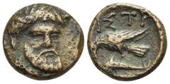 Greek MOESIA. Istros. Circa 3rd century BC. (Bronze, 11.5 mm, 1.72 g, 10 h). Bearded head of a horned river god facing three-quarters to right. Rev. ΙΣΤΡ Sea eagle, with closed wings, standing left on
