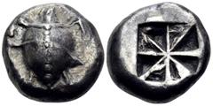 Greek ISLANDS OFF ATTICA, Aegina. Circa 550-530/25 BC. Stater (Silver, 19 mm, 11.89 g, 10 h). Sea turtle with thin collar. Rev. Deep incuse square with "proto-Union Jack" device. HGC 6, 424. Meadows, 