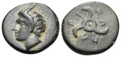 Greek DYNASTS OF LYCIA. Perikles, circa 380-360 BC. Chalkous (Bronze, 12.5 mm, 1.56 g). Horned head of Pan to left. Rev. ΠE-PE-KΛ Lycian triskeles to left. Falghera 219-23. Müseler VIII, 52-5. SNG von