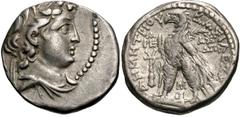 Greek SELEUKID KINGS OF SYRIA. Demetrios II Nikator, Second reign, 129-126/5 BC. Drachm (Silver, 16.5 mm, 3.46 g, 12 h), Tyre, year ΔΠΡ (184) of the Seleukid era = 129-128. Diademed and draped bust of