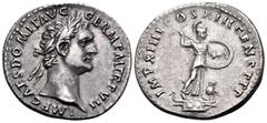 Roman Imperial Domitian, 81-96. Denarius (Silver, 20 mm, 3.55 g, 6 h), Rome, 87. IMP CAES DOMIT AVG GERM P M TR P VII Laureate head of Domitian to right. Rev. IMP XIIII COS XIII CENS P P P Minerva sta