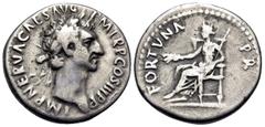 Roman Imperial Nerva, 96-98. Denarius (Silver, 18 mm, 3.32 g, 7 h), Rome, 97. IMP NERVA CAES AVG P M TR P COS III P P Laureate head of Nerva to right. Rev. FORTVNA PR Fortuna seated left, holding grai