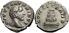 Roman Imperial Divus Antoninus Pius, died 161. Denarius (Silver, 18 mm, 3.47 g, 6 h), Consecration issue, struck under Marcus Aurelius and Lucius Verus, Rome, 161. DIVVS ANTONINVS Bare head of the dei