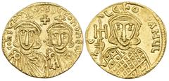 Byzantine Constantine V Copronymus, with Leo IV and Leo III, 741-775. Solidus (Gold, 20 mm, 4.43 g, 6 h), Constantinople, 756-764. COҺSτAҺτIҺOS S LЄOҺ O ҺЄOS Crowned, equal sized busts of Constantine 