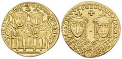 Byzantine Constantine VI, with Leo III, Constantine V, and Leo IV, 780-797. Solidus (Gold, 22 mm, 4.44 g, 6 h), Constantinople, 780-787. LЄOҺ VS S ЄΓΓOҺ COҺSτAҺτI O ҺЄOS (last S vertical) Crowned figu