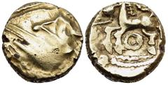 Celtic CELTIC, Northeast Gaul. Remi. Late 2nd to mid 1st century BC. Stater (Gold, 16 mm, 6.05 g, 12 h), 'à l'oeil' type. Celticized male head to right; in field to right, star-like ornament. Rev. "Qu