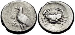 Greek SICILY. Akragas. Circa 465/4-446 BC. Tetradrachm (Silver, 26 mm, 17.27 g, 6 h), period II. ΑΚΡΑC - ΑΝΤΟΣ (partially retrograde) Eagle standing left with closed wings. Rev. Crab within a shallow 