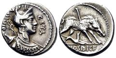 Roman Republican & Imperatorial C. Hosidius C.f. Geta, 64 BC. Denarius (Silver, 17 mm, 3.86 g, 7 h), Rome. GETA - III VIR Draped bust of Diana to right, with bow and quiver over her shoulder. Rev. C H