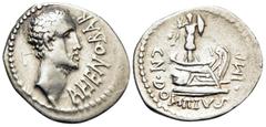 Roman Republican & Imperatorial Cn. Domitius L.f. Ahenobarbus, 41 BC. Denarius (Silver, 20 mm, 3.69 g, 6 h), uncertain mint moving with Ahenobarbus. AHENOBAR Lighlty bearded male head to right. Rev. C