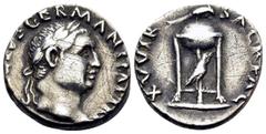 Roman Imperial Vitellius, 69. Denarius (Silver, 17.5 mm, 3.43 g, 6 h), Rome, April - December 69. A VITELLIVS GERMAN IMP TR P Laureate head of Vitellius to right. Rev. XV VIR SACR FAC Tripod with cove