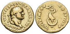 Roman Imperial Titus, 79-81. Aureus (Gold, 19 mm, 7.03 g, 12 h), Rome, 80. IMP TITVS CΛES VESPΛSIΛN ΛVG P M Laureate head of Titus to right. Rev. TR P IX IMP XV COS VIII P P Dolphin coiled around anch