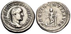 Roman Imperial Gordian II, AD 238. Denarius (Silver, 20 mm, 3.06 g, 11 h), Rome. IMP M ANT GORDIANVS AFR AVG Laureate, draped and cuirassed bust of Gordian II to right. Rev. PROVIDENTIA AVGG Provident