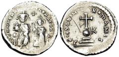 Byzantine Heraclius, with Heraclius Constantine, 610-641. Hexagram (Silver, 23.5 mm, 6.71 g, 7 h), Constantinople, 632-635. dd NN hERACLIЧS ET hERA CONST P P A Enthroned draped and facing figures of H
