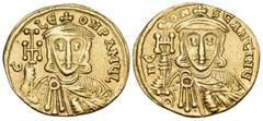 Byzantine Leo III the "Isaurian", with Constantine V, 717-741. Solidus (Gold, 20 mm, 4.45 g, 5 h), Constantinople, 742-745. d LЄON P A MЧL Crowned bust of Leo facing, wearing chlamys and holding a cro
