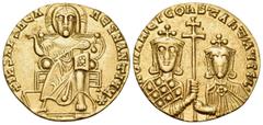 Byzantine Constantine VII Porphyrogenitus, with Romanus I, 913-959. Solidus (Gold, 20 mm, 4.39 g, 6 h), Constantinople, 921-923. +IhS XPS REX REႺNANTIႷM✳ Christ, nimbate, seated facing on throne, rais