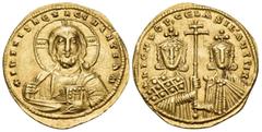 Byzantine Nicephorus II Phocas, with Basil II, 963-969. Histamenon nomisma (Gold, 22 mm, 4.36 g, 6 h), Constantinople, 963-964. +IhS XPS REX REGNANTIhm Facing bust of Christ Pantocrator, wearing tunic