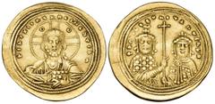Byzantine Basil II Bulgaroktonos, with Constantine VIII, 976-1025. Histamenon nomisma (Gold, 26 mm, 4.40 g, 7 h), Constantinople, 1001-1025. +IhS XIS REX REGNANTIhm Bust of Christ Pantocrator facing, 