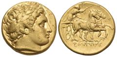 Greek KINGS OF MACEDON. Philip II, 359-336 BC. Stater (Gold, 18 mm, 8.47 g, 10 h), struck under Leonnatos, Arrhidaios, or Antigonos I Monophthalmos, Abydos, c. 323-317. Laureate head of Apollo to righ