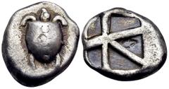 Greek ISLANDS OFF ATTICA, Aegina. Circa 480-457 BC. Stater (Silver, 22 mm, 12.05 g, 2 h). Sea turtle with a T-shaped design of a line of five very large pellets down the back of its shell and with two