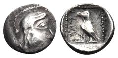 Greek CILICIA. Uncertain. Mid 5th century BC. Tetartemorion (Silver, 6 mm, 0.17 g, 1 h). Head of Athena or a beardless local hero to right, with a lozenge-shaped archaic eye, wearing an undecorated At