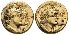 Greek PTOLEMAIC KINGS OF EGYPT. Ptolemy II Philadelphos, with Arsinöe II, Ptolemy I, and Berenike I, 285-246 BC. Tetradrachm (Gold, 19 mm, 13.79 g, 12 h), Alexandria. ΑΔΕΛΦΩΝ Jugate busts of Ptolemy I