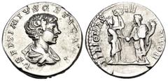 Roman Imperial Geta, as Caesar, 198-209. Denarius (Silver, 18 mm, 3.16 g, 6 h), Rome. L SEPTIMIVS GETA CAES Bare-headed and draped bust of Geta to right. Rev. FELICITAS TEMPOR Felicitas standing right