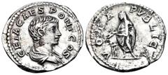 Roman Imperial Geta, as Caesar, 198-209. Denarius (Silver, 19 mm, 3.56 g, 6 h), Rome, 203-208. GETA CAES PONT COS Bare-headed and draped bust of Geta to right. Rev. VOTA PVBLICA Geta, togate, standing