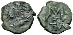 Byzantine Heraclius, with Heraclius Constantine, 610-641. Follis (Bronze, 25 mm, 7.15 g, 5 h), Sicilian mint, 632-641. Countermark with the crowned facing busts of Heraclius, on left, and Heraclius Co