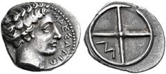 GREEK COINS GAUL Massalia. Circa 400 BC. Obol (Silver, 10.5 mm, 0.72 g, 7 h). ΜΑΣΣΑΛΙΩ[Τ-ΑΝ] Bare head of the river-god Lacydon to right, with a tiny horn above his forehead (this obverse type is comm