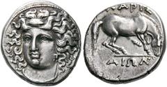 GREEK COINS THESSALY Larissa. Circa 356-342 BC. Drachm (Silver, 19.5 mm, 6.09 g, 11 h). Head of the nymph Larissa facing, turned slightly to the left, wearing ampyx and triple pendant earring. Rev. ΛΑ