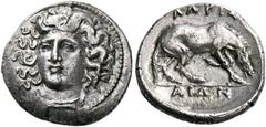GREEK COINS THESSALY Larissa. Circa 356-342 BC. Hemidrachm (Silver, 15.5 mm, 2.34 g, 11 h). Head of the nymph Larissa facing, turned slightly to the left, wearing ampyx and triple pendant earring. Rev