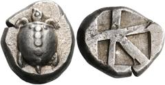 GREEK COINS ISLANDS OFF ATTICA Aegina. Circa 480-457 BC. Stater (Silver, 22 mm, 12.43 g). Sea turtle with a T-shaped design of a line of five very large pellets down the back of its shell and with two
