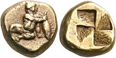 GREEK COINS MYSIA Kyzikos. Circa 500-450 BC. Hekte (Electrum, 10 mm, 2.65 g). An infant boy, probably Herakles, nude, seated facing, his head turned to right, propping himself up with his left hand wh