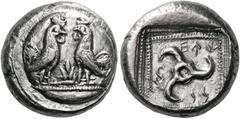 GREEK COINS DYNASTS OF LYCIA Teththiweibi, circa 450-430/20 BC. Stater (Silver, 18 mm, 7.63 g, 8 h), Kandyba (?). Two opposed roosters standing facing each other on ground line; between them, plant; a