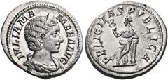 ROMAN COINS Julia Mamaea, Augusta, 222-235. Denarius (Silver, 20 mm, 3.56 g, 6 h), struck under her son, Severus Alexander, Rome, 228. IVLIA MA-MAEA AVG Diademed and draped bust of Julia Mamaea to rig