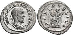 ROMAN COINS Pupienus, 238. Denarius (Silver, 22 mm, 2.95 g, 11 h), Rome, 238. IMP C M CLOD PVPIENVS AVG Laureate, draped and cuirassed bust of Pupienus to right. Rev. PAX PVBLICA Pax seated left, hold