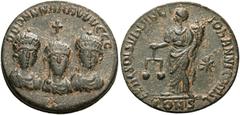 ROMAN COINS Theodosius I, with Arcadius and Honorius, 379-395. Solidus weight or Exagium (Bronze, 19.5 mm, 4.27 g, 12 h), Constantinople, 393-395. DDD NNN AAAVVVGGG Diademed, draped and cuirassed faci