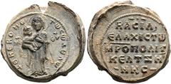 BYZANTINE COINS Basil metropolitan of Keltzene, Circa 1071-1072. Seal or Bulla (Lead, 28 mm, 20.98 g, 11 h), a. +ΘΚΕ ΒΟΗΘ, ΤΩ CΩ ΔΟΥΛ/ MHP-ΘV The Virgin, robed, veiled and nimbate, standing facing, tu