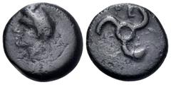 The Vineyard Colection Part IV, Greek DYNASTS OF LYCIA. Perikles, circa 380-360 BC. Chalkous (Bronze, 13 mm, 2.43 g, 3 h). Horned head of Pan to left. Rev. ΠE-PE-KΛ (in Lycian) Lycian triskeles to lef