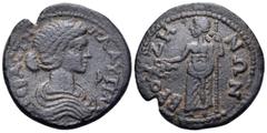 The Vineyard Colection Part IV, Roman Provincial PHRYGIA. Bruzus. Plautilla, Augusta, 202-205. (Bronze, 24 mm, 6.97 g, 5 h). ΠΛAYTIΛA CЄBACTH Draped bust of Plautilla to right. Rev. BPOYZHNΩN Dionysos