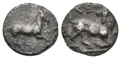 Greek CILICIA. Kelenderis. Circa 425-400 BC. Hemiobol (Silver, 7 mm, 0.28 g, 2 h). Horse prancing to right. Rev. ΚΕ Goat kneeling right, head turned to look back. Cf. Göktürk 9 (obol). C. SNG BN 116-7