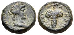 Roman Provincial LYDIA. Daldis. Pseudo-autonomous issue, Circa 193-211. Hemiassarion (Bronze, 14 mm, 3.63 g, 12 h). Turreted and draped bust of Tyche of Daldis to right. Rev. ΔΑΛΔΙΑΝΩΝ Bunch of grapes