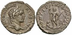 Roman Imperial Caracalla, 198-217. Denarius (Silver, 19 mm, 3.38 g, 12 h), Rome, 207. ANTONINVS PIVS AVG Laureate head of Caracalla to right. Rev. PONTIF TR P X COS I Caracalla standing facing, head r