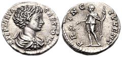 Roman Imperial Geta, as Caesar, 198-209. Denarius (Silver, 17 mm, 3.39 g, 12 h), Rome, 200-202. L SEPT GETA CAES PONT Bare-headed and draped bust of Geta to right. Rev. PRINC IVVENT Geta standing left