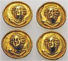 Large Lots HELLENISTIC GREEK. A collection of four circular attachments with the head of Dionysos, 2nd-1st century BC. (Gold, 20 mm). Brief report of Dr. Jack Ogden, Director of Striptwist Ltd, 14 Aug