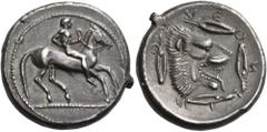 Greek SICILY. Leontini. Circa 476-466 BC. Didrachm (Silver, 22 mm, 8.69 g, 10 h). Nude jockey on horse trotting to right. Rev. ΛEONTINON Head of lion with open jaws to right; around, four barley grain