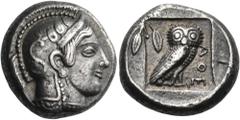 Greek ATTICA. Athens. Circa 467-465 BC. Didrachm (Silver, 17.5 mm, 8.48 g, 9 h). Head of Athena to right, wearing crested Attic helmet adorned with three olive leaves and a palmette, a disc earring an