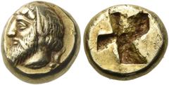 Greek IONIA. Phokaia. Circa 478-387 BC. Hekte (Electrum, 10 mm, 2.57 g). Bearded head of King Midas to left, wearing laurel wreath and with an ass's ear; behind his neck to right, seal swimming downwa