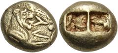 Greek KINGS OF LYDIA. Alyattes II, circa 620/610-560 BC. Trite (Electrum, 13x11 mm, 4.71 g), Sardes, c. 610. A]ΛΥΑ (in Lydian) On the left, lion's head to right, with open jaws, confronting, on the ri