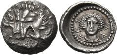 Greek DYNASTS OF LYCIA. Mithrapata, circa 390-370 BC. Diobol (Silver, 13 mm, 1.06 g, 1 h), Tlos. Lion's scalp facing. Rev. T-ΛA-FE Youthful bust facing, with elaborate hair and with a cloak fastened w